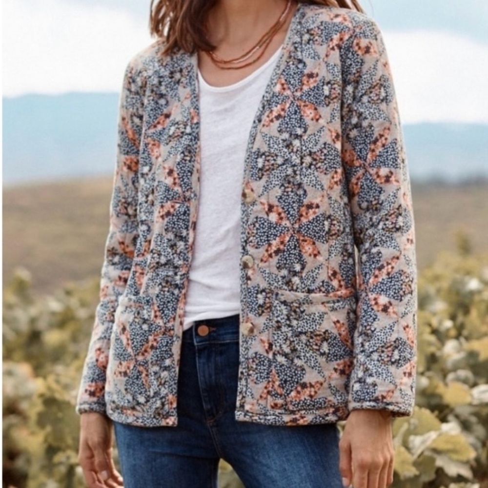 Garnet Hill Quilted Floral-Print Puffer Jacket in Blue and Peach
